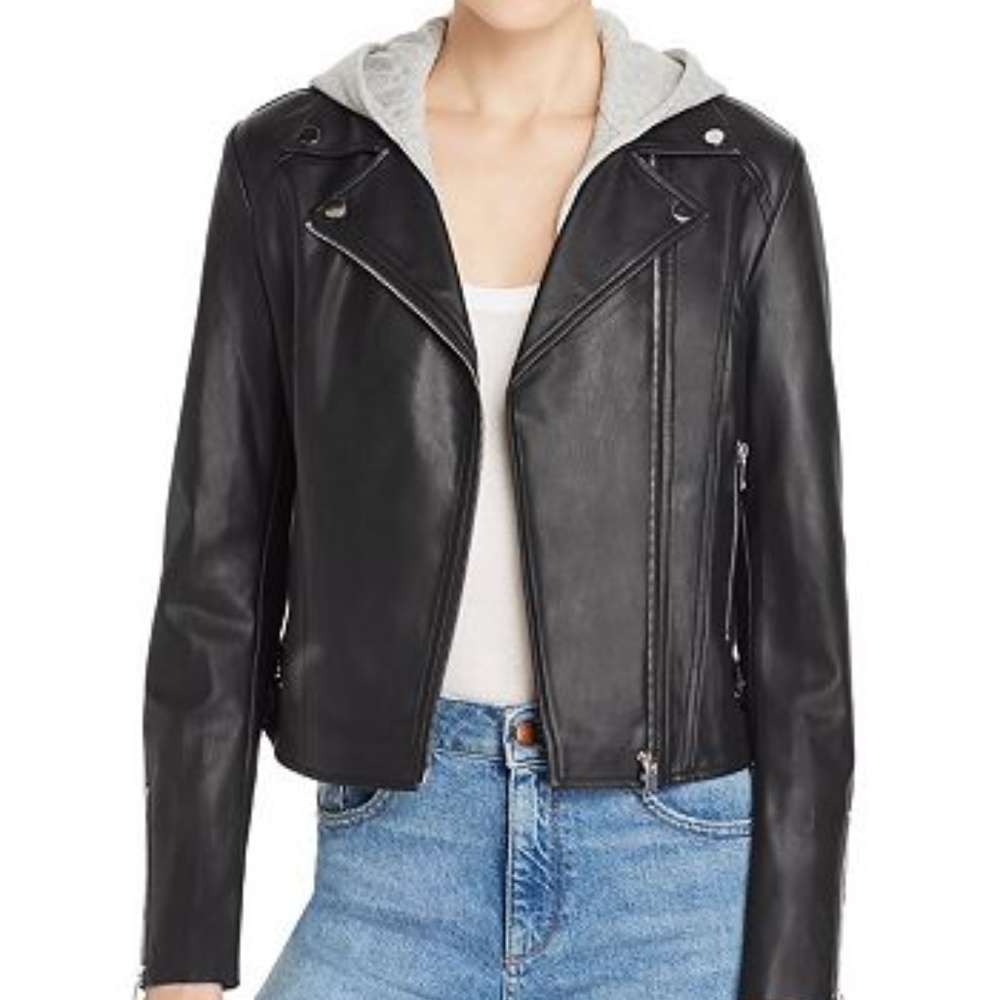 Aqua Faux-Leather Moto Jacket with Hood - XS